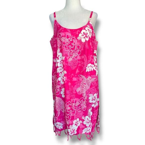 Vintage 90s Mini Dress Hot Pink Tropical Print Floral Slip Dress Fringe Hemmed - Picture 1 of 10